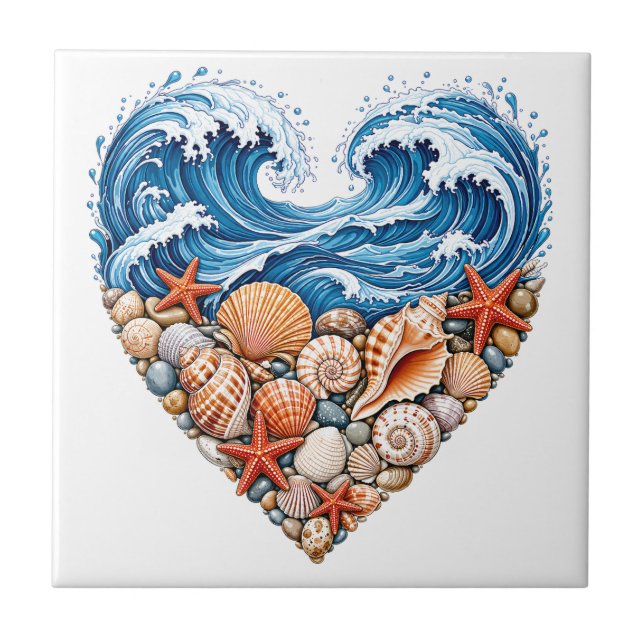 Ocean Heart Waves Seashells – Coastal Beach Art Tile (Front)