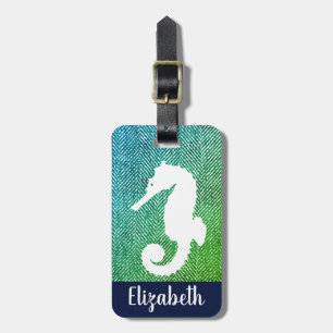 Ocean Hues Herringbone & White Seahorse Luggage Tag