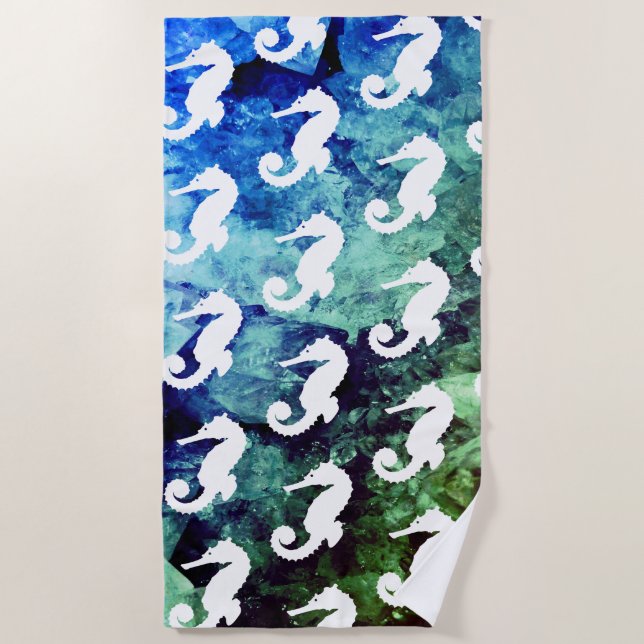 Ocean Hues White Seahorses Beach Towel (Front)