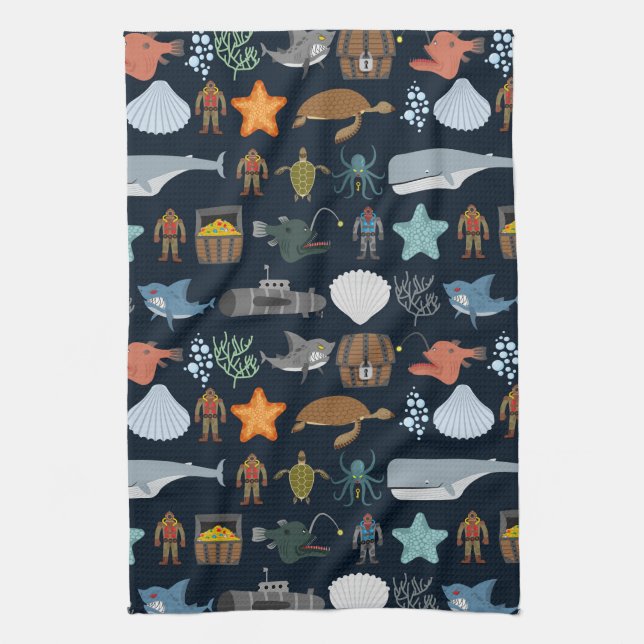 Ocean Inhabitants Pattern 1 Tea Towel (Vertical)