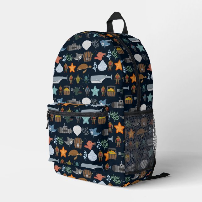 Ocean Inhabitants Pattern Printed Backpack (Back Corner Right)