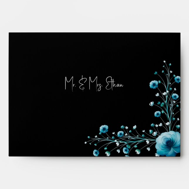 Ocean-Inspired Black and Blue Floral Wedding Envelope (Front)
