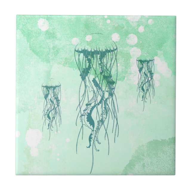 Ocean Inspired Jellyfish Blue Watercolor Tile (Front)