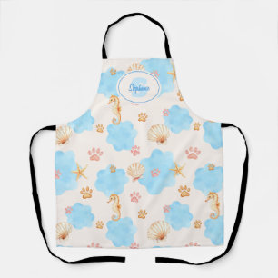 Ocean-Inspired Paw Print Pattern with Seahorses 2 Apron
