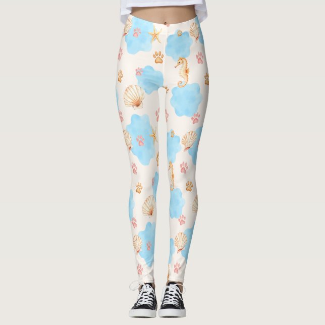 Ocean-Inspired Paw Print Pattern with Seahorses 2 Leggings (Front)
