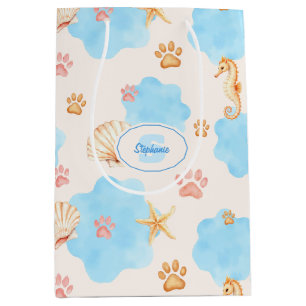 Ocean-Inspired Paw Print Pattern with Seahorses 2 Medium Gift Bag