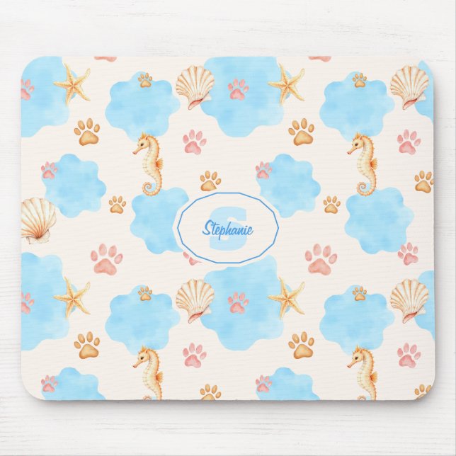 Ocean-Inspired Paw Print Pattern with Seahorses 2 Mouse Mat (Front)