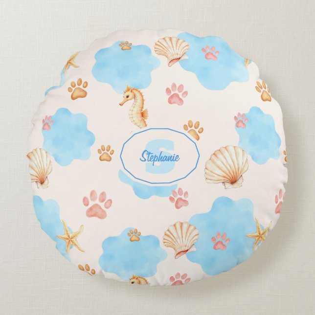 Ocean-Inspired Paw Print Pattern with Seahorses 2 Round Cushion (Front)