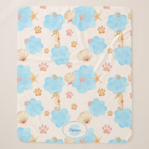 Ocean-Inspired Paw Print Pattern with Seahorses 2 Sherpa Blanket