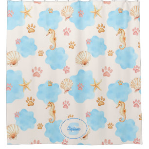 Ocean-Inspired Paw Print Pattern with Seahorses 2 Shower Curtain