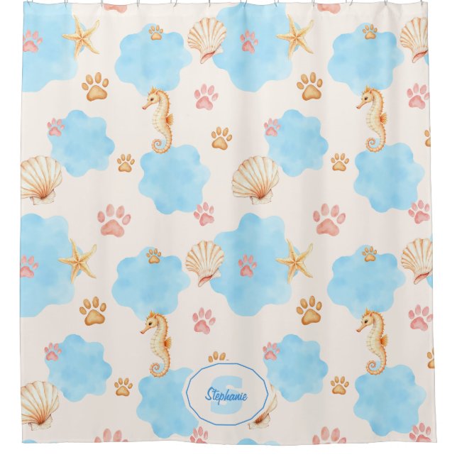 Ocean-Inspired Paw Print Pattern with Seahorses 2 Shower Curtain (Front)