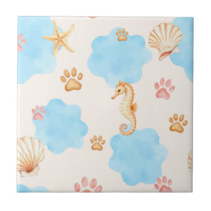 Ocean-Inspired Paw Print Pattern with Seahorses 2 Tile