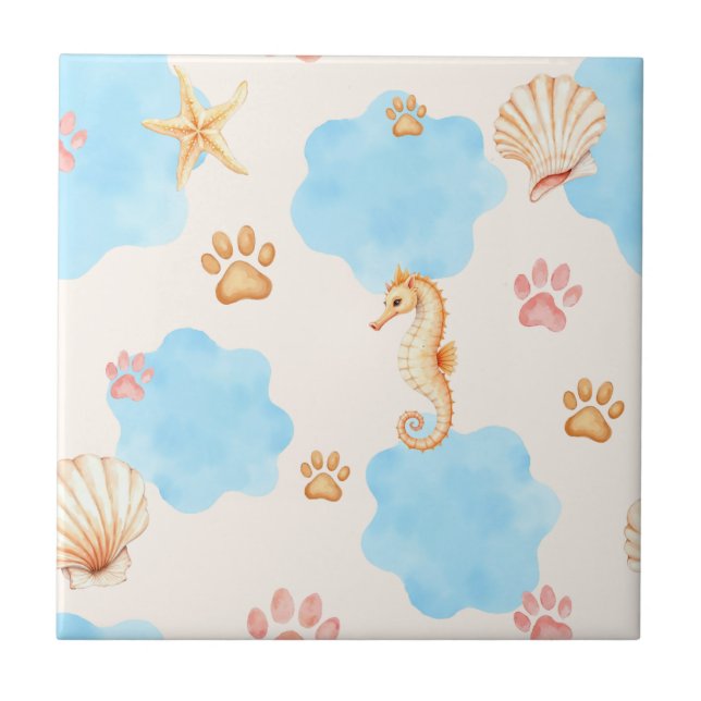 Ocean-Inspired Paw Print Pattern with Seahorses 2 Tile (Front)