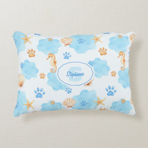 Ocean-Inspired Paw Print Pattern with Seahorses Decorative Cushion