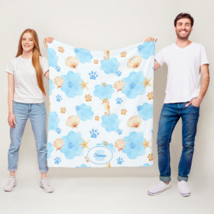 Ocean-Inspired Paw Print Pattern with Seahorses Fleece Blanket
