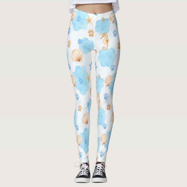 Ocean-Inspired Paw Print Pattern with Seahorses Leggings (Front)