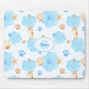 Ocean-Inspired Paw Print Pattern with Seahorses Mouse Mat