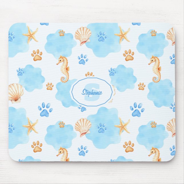 Ocean-Inspired Paw Print Pattern with Seahorses Mouse Mat (Front)