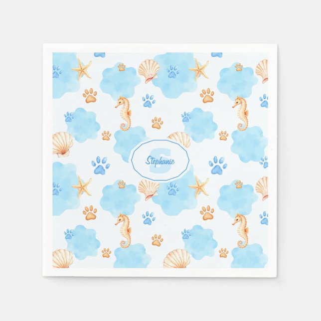 Ocean-Inspired Paw Print Pattern with Seahorses Napkin (Front)