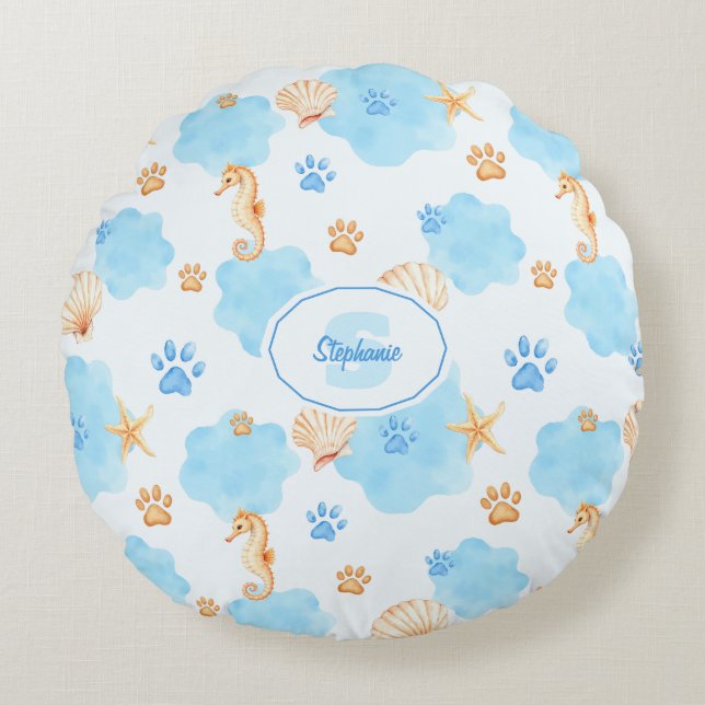 Ocean-Inspired Paw Print Pattern with Seahorses Round Cushion (Front)