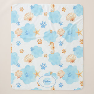Ocean-Inspired Paw Print Pattern with Seahorses Sherpa Blanket