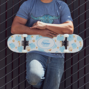 Ocean-Inspired Paw Print Pattern with Seahorses Skateboard