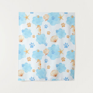 Ocean-Inspired Paw Print Pattern with Seahorses Tapestry