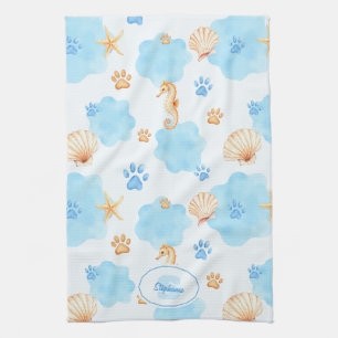 Ocean-Inspired Paw Print Pattern with Seahorses Tea Towel