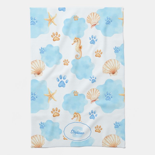 Ocean-Inspired Paw Print Pattern with Seahorses Tea Towel (Vertical)