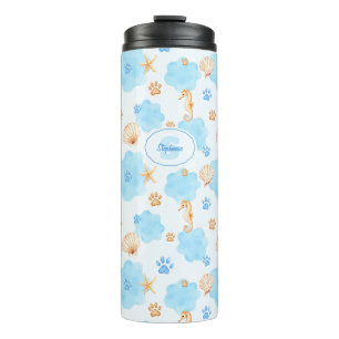 Ocean-Inspired Paw Print Pattern with Seahorses Thermal Tumbler