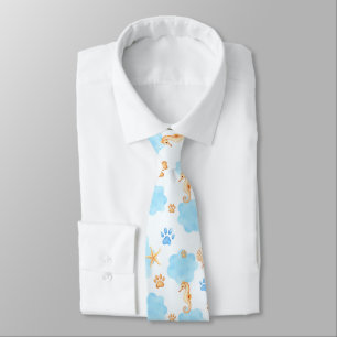 Ocean-Inspired Paw Print Pattern with Seahorses Tie