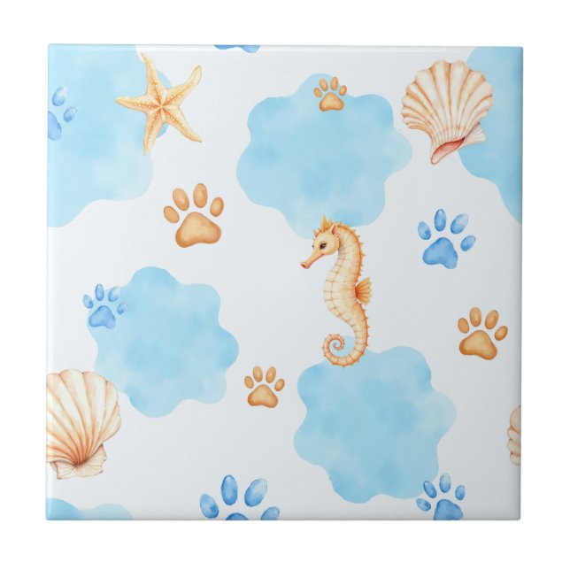 Ocean-Inspired Paw Print Pattern with Seahorses Tile (Front)