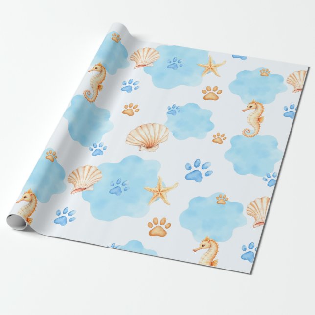 Ocean-Inspired Paw Print Pattern with Seahorses Wrapping Paper (Unrolled)