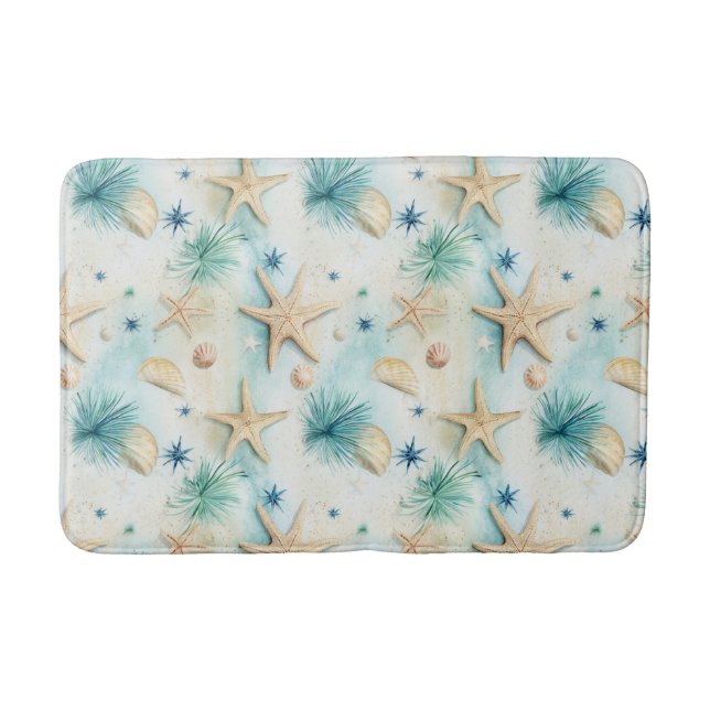 Ocean-Inspired Starfish & Seashells Coastal Decor Bath Mat (Front)