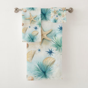 Ocean-Inspired Starfish & Seashells Coastal Decor Bath Towel Set