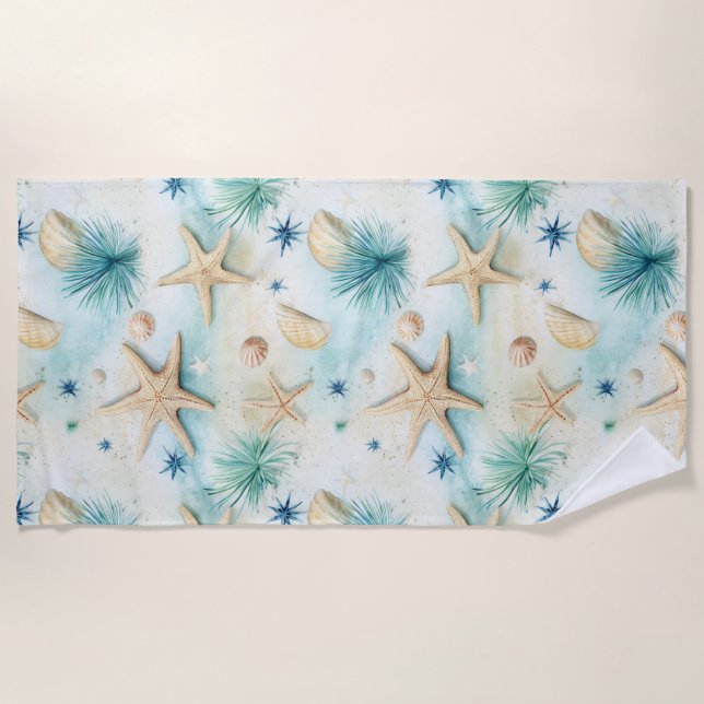 Ocean-Inspired Starfish & Seashells Coastal Decor Beach Towel (Front)