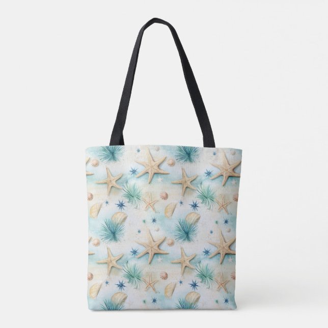 Ocean-Inspired Starfish & Seashells Coastal Decor Tote Bag (Back)
