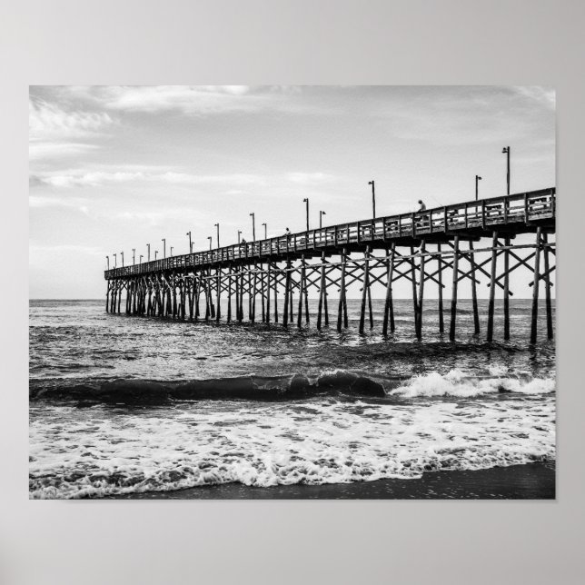 Ocean Isle Fishing Pier Black and White Poster (Front)