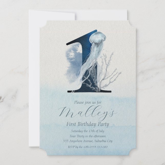 Ocean Jellyfish Age Number One 1 Birthday Invite (Front)
