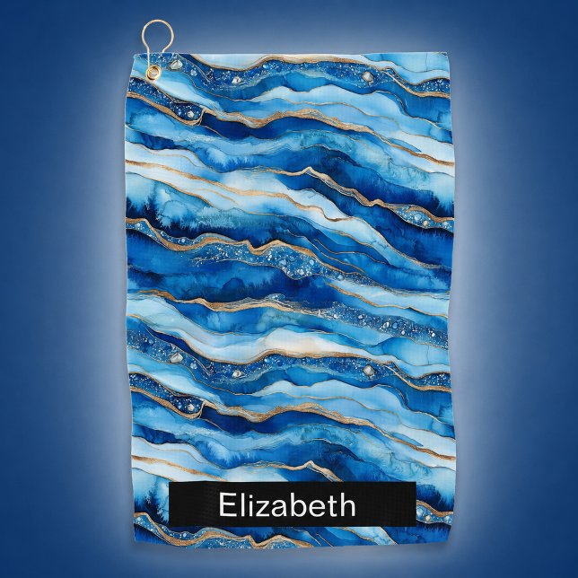 Ocean Jewelled Agate Personalised Golf Towel (Ocean agate patterned personalized golf towel for women)
