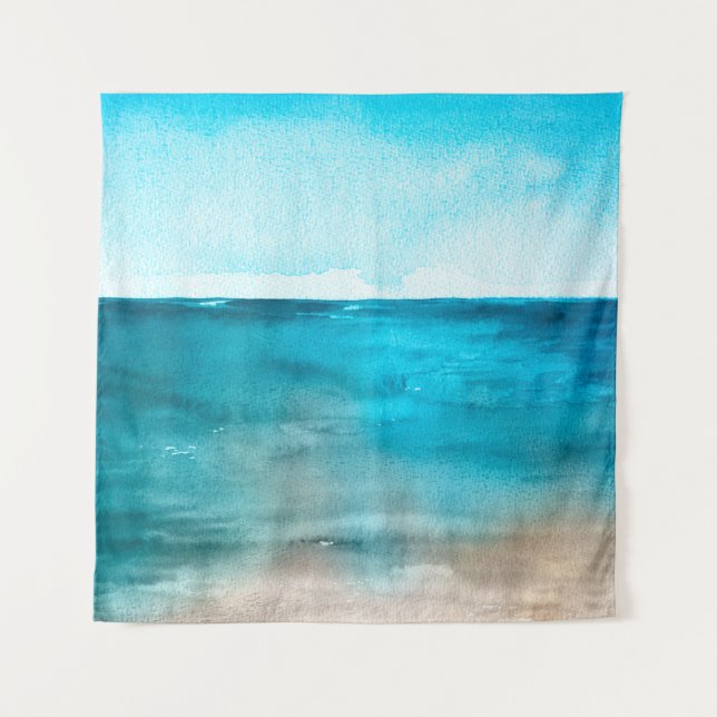 Ocean landscape. Beautiful watercolor hand paintin Tapestry (Front)