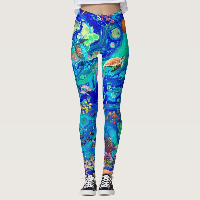 Ocean leggings, turtle leggings, fish leggings, leggings (Front)
