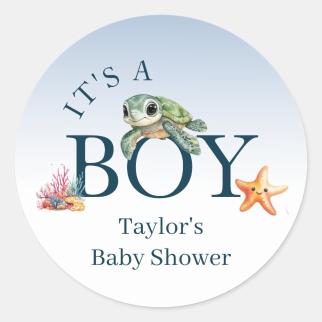 Ocean Life Animals Turtle Baby Shower It's a Boy Classic Round Sticker (Front)