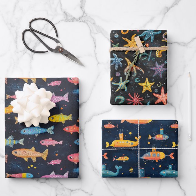 Ocean Life Fish, Sea Star, Submarine Chalk Drawing Wrapping Paper Sheet (Front)