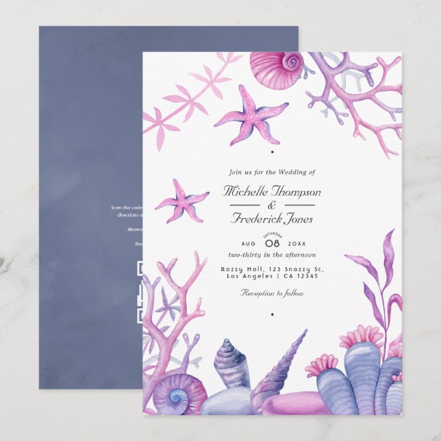 Ocean Life QR Code RSVP Nautical Wedding Invitation (Front/Back)