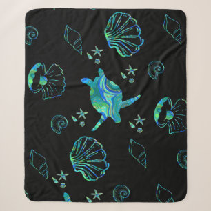 Ocean Life Sea Turtles Seashells Coastal Patterned Sherpa Blanket