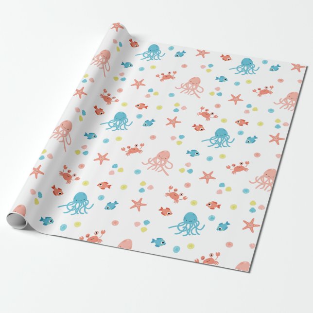 Ocean Life - Squids & Starfish Pattern Wrapping Paper (Unrolled)