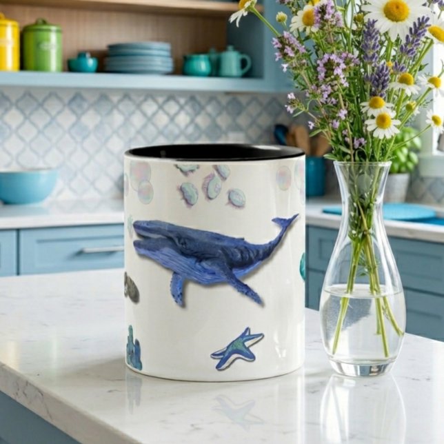 Ocean Life Watercolor Marine Animals Pattern Mug  (Beautiful watercolor underwater ocean world mug design with a cozy table background.)