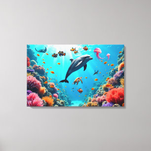 Ocean Life with Dolphin and Coral Reef Canvas Print