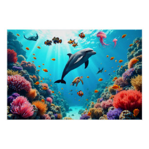 Ocean Life with Dolphin and Coral Reef Poster